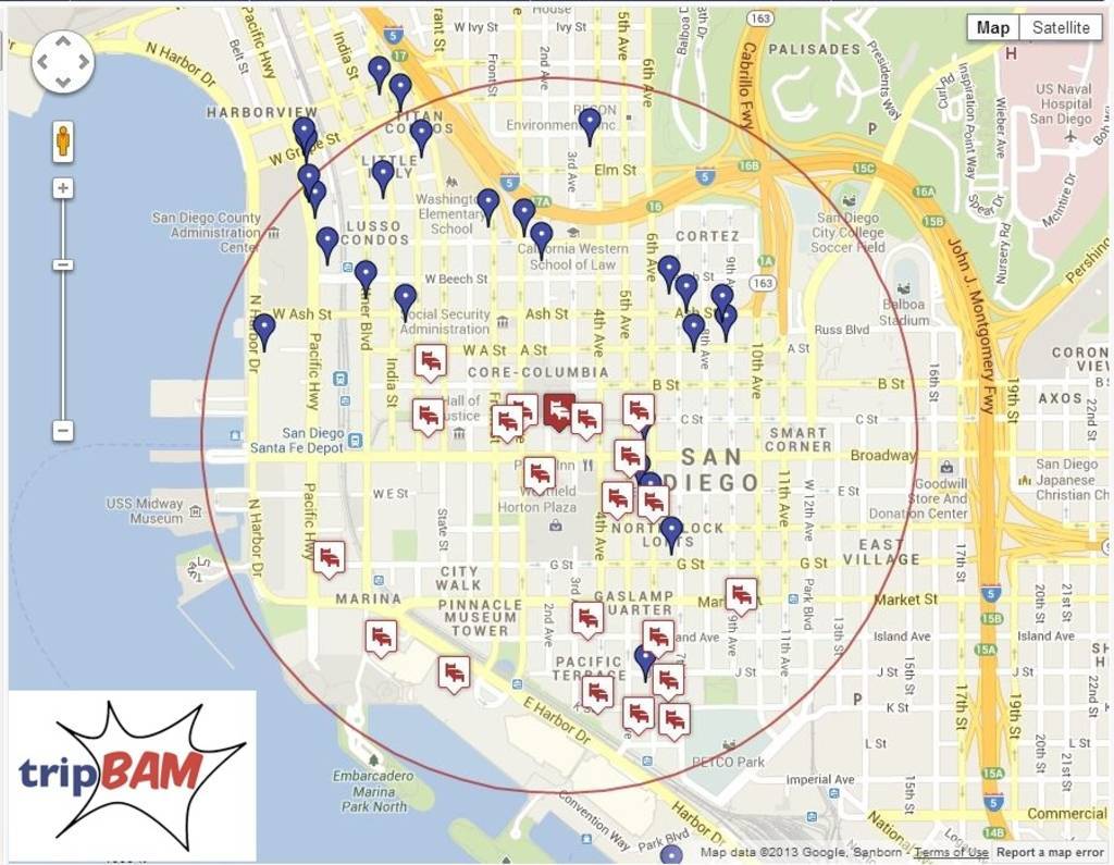 tripBAM Map of Hotel Options for GBTA San Diego Conference